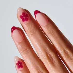 image:imageohora Gel Press On Nails  Medium Oval Red French Art  Hibiscus Island  SalonQuality 100 Real Gel No UV Lamp No Glue NonToxic  15 Sizes 30 Tips  Long lasting K beauty nails Summer nailsHibiscus Island